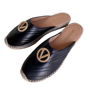 NEW Valentino Mules Black Gold V Logo Quilted Leather Espadrille EU 38 US 8